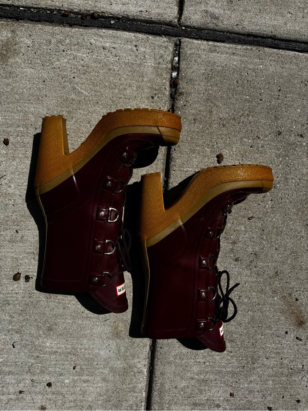 Vintage Hunter Burgundy and Mustard Lace-Up Platform Heeled Rain Boots - Picture 4 of 9
